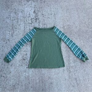 Green Long Sleeve Top with Striped Sleeves
